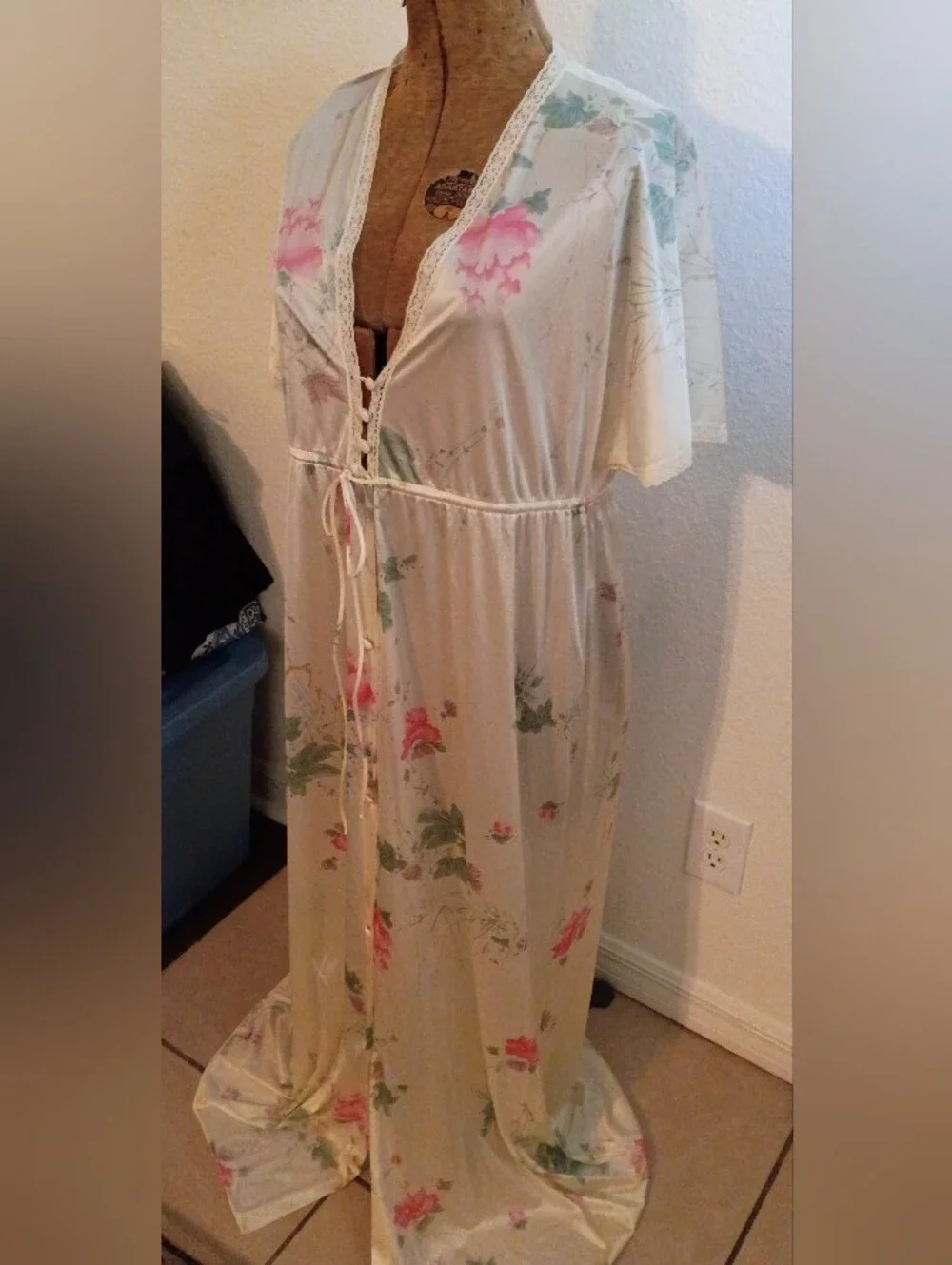 Vintage Floral Ivory & Pink Maxi Nightgown with Drawstring Waist